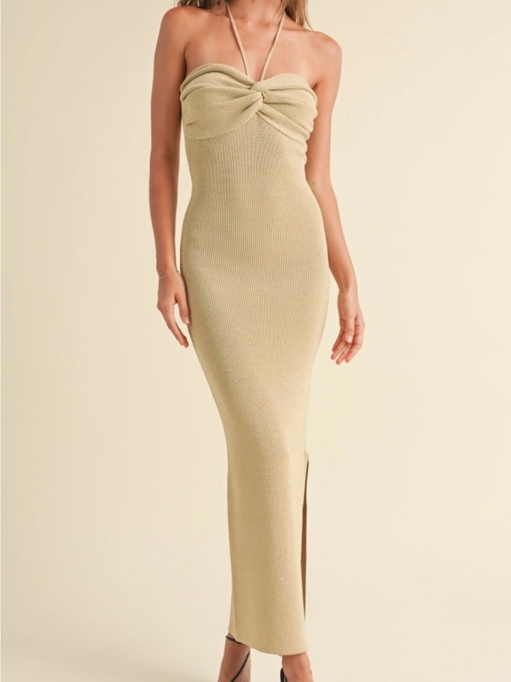 Strapless Twist Front Maxi Dress in Light Gold Shimmer NWT